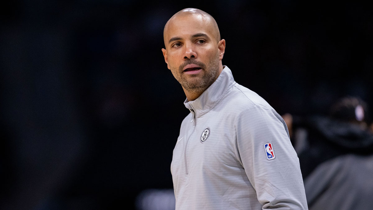Brooklyn Nets head coach Jordi Fernandez loos on during the first quarter against the Charlotte Hornets at Spectrum Center.