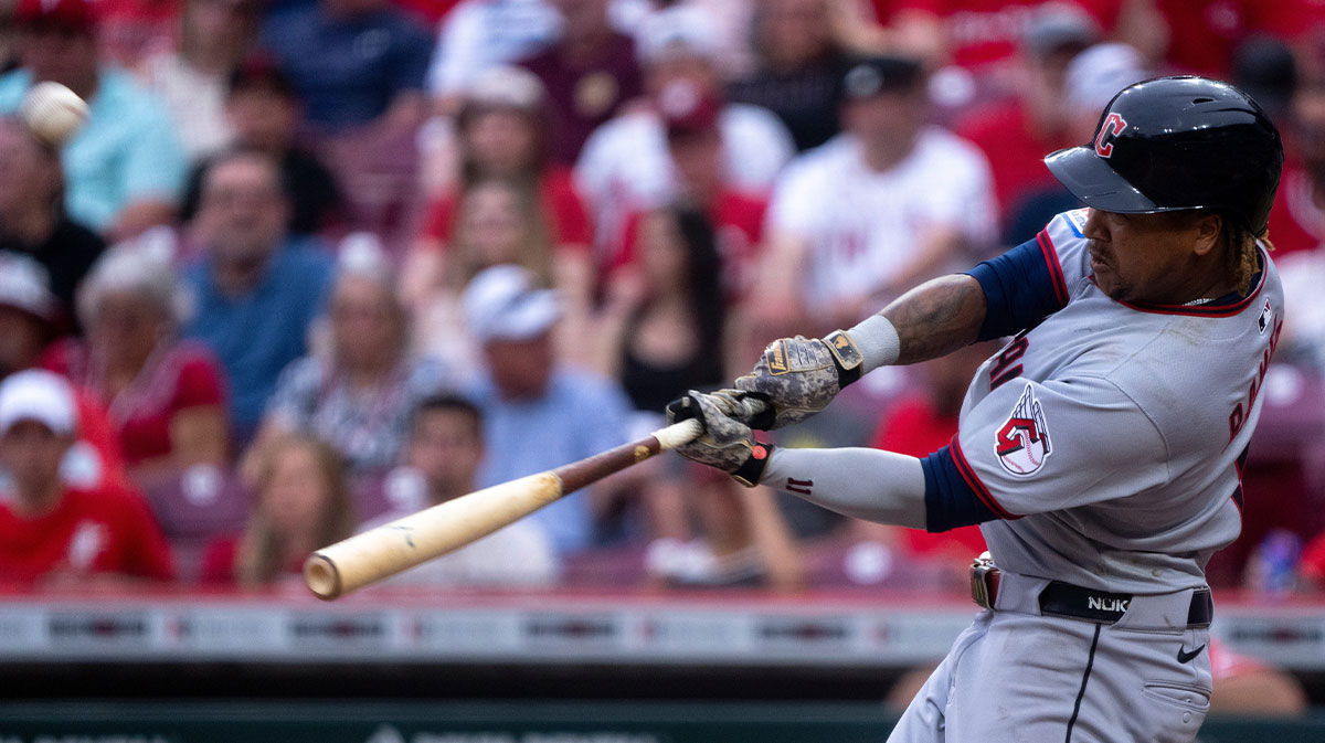 Cleveland Guardians third baseman Jose Ramirez (11) hits a solo home run in the eighth inning of the MLB game between Cincinnati Reds and Cleveland Guardians at Great American Ball Park
