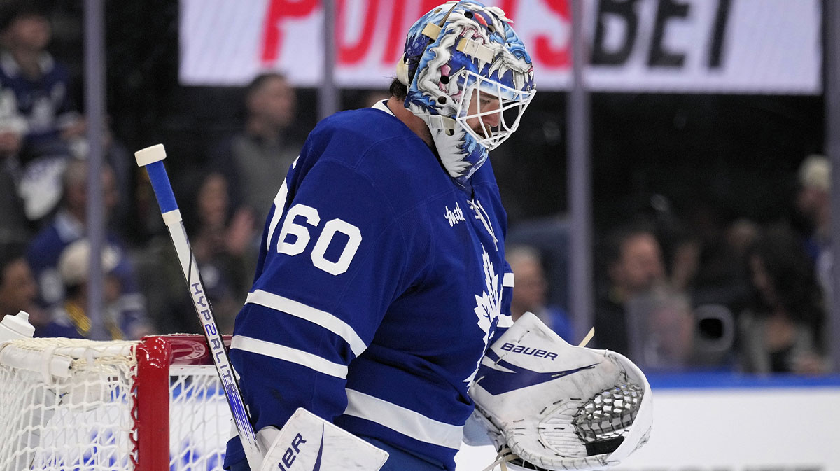 Toronto Maple Leafs goaltender Joseph Woll (60) looks down at a puck in his glove after a save against the Florida Panthers during the second period of game five of the second round of the 2025 Stanley Cup Playoffs at Scotiabank Arena.