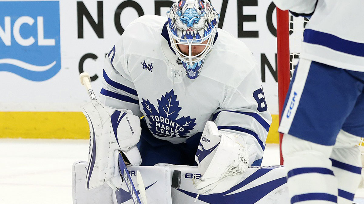 Toronto Maple Leafs goaltender Joseph Woll (60) makes a save against the Florida Panthers during the second period in game four of the second round of the 2025 Stanley Cup Playoffs at Amerant Bank Arena.