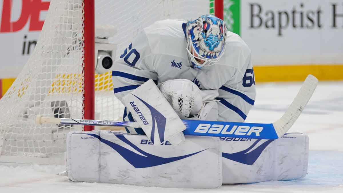 Toronto Maple Leafs goaltender Joseph Woll (60) makes a save against the Florida Panthers during the second period in game six of the second round of the 2025 Stanley Cup Playoffs at Amerant Bank Arena.