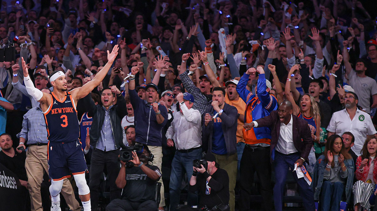 Guard Josh Hart, who received the Minutes Champion award, celebrating a score during Knicks-Celtics Game 4.