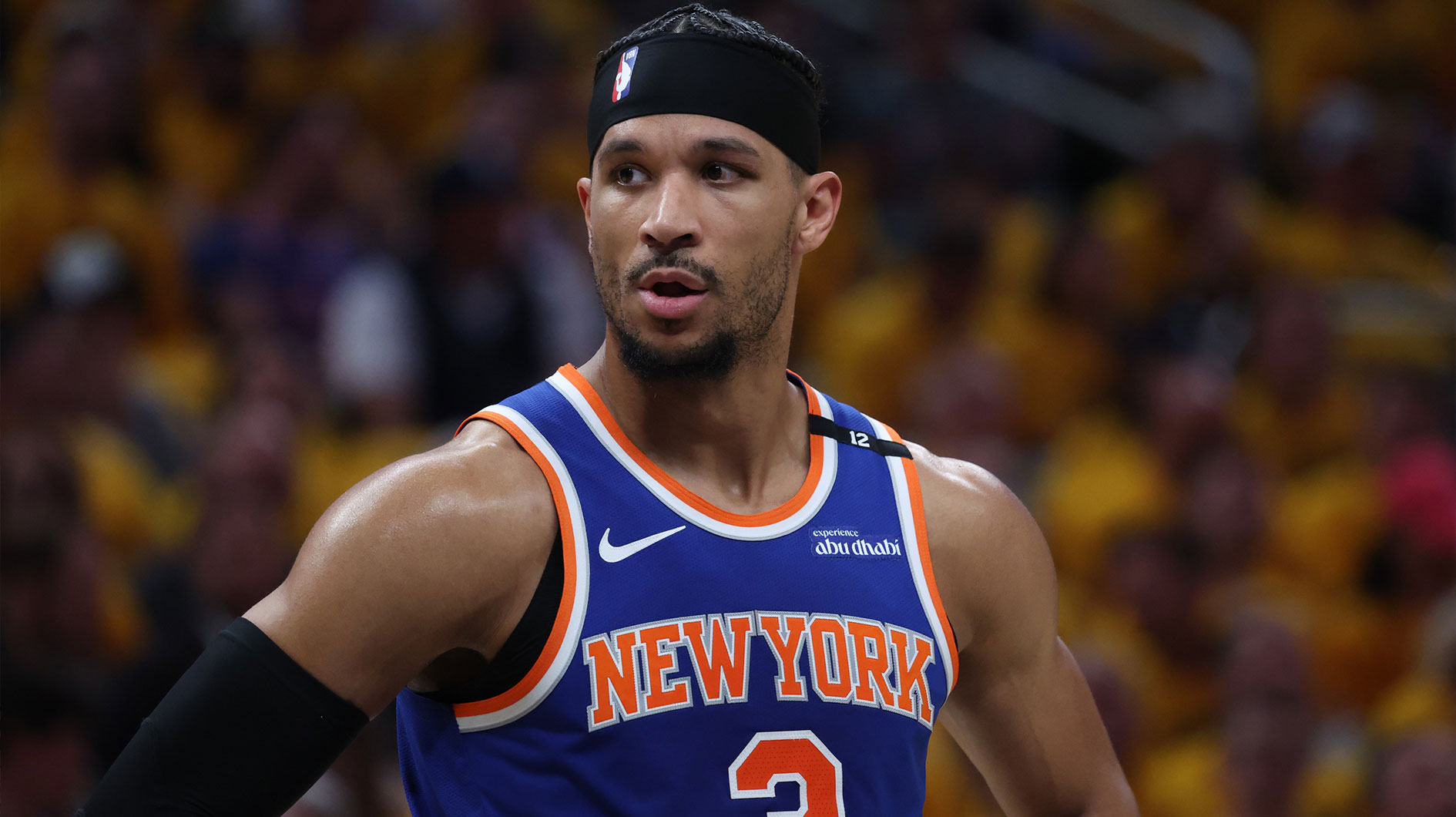 New York Knicks guard Josh Hart (3) stands on court during the second quarter against the Indiana Pacers of game four of the eastern conference finals for the 2025 NBA Playoffs at Gainbridge Fieldhouse.