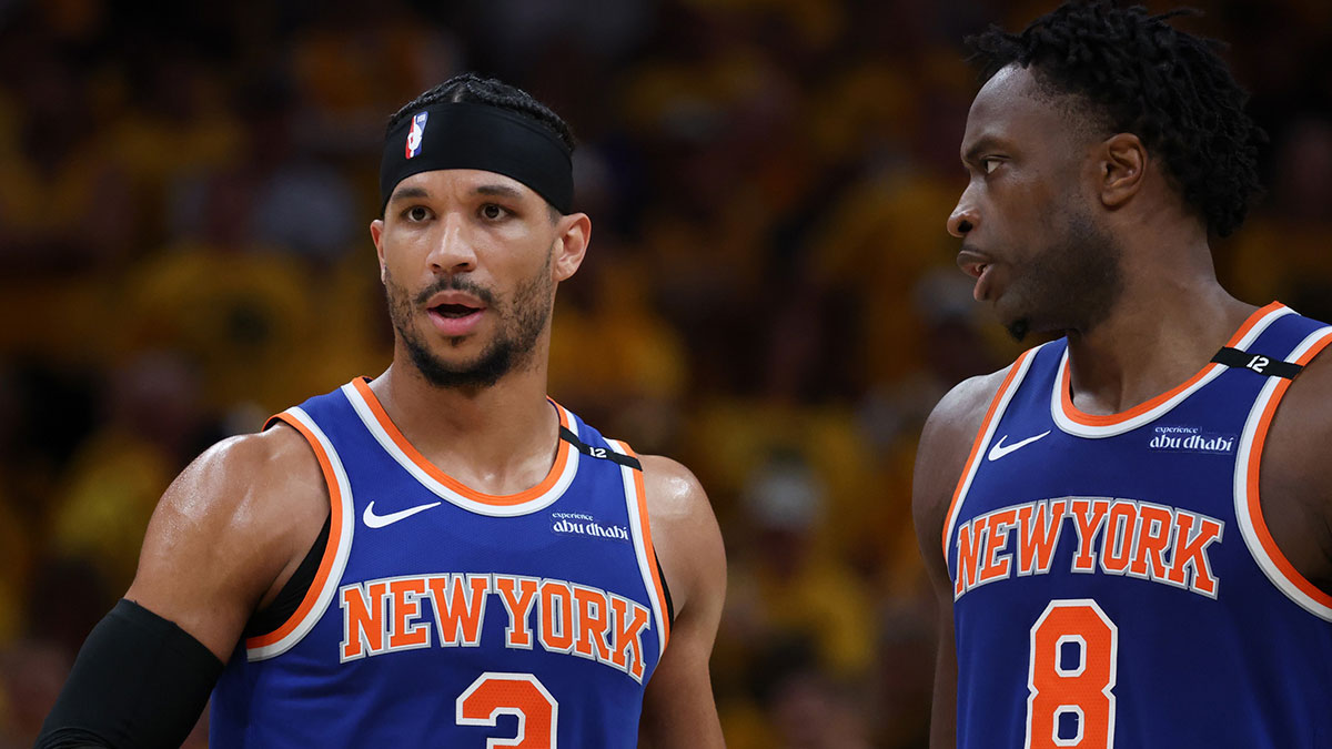 New York Knicks guard Josh Hart (3) and forward OG Anunoby (8) speak in the third quarter during game six of the eastern conference finals against the Indiana Pacers for the 2025 NBA Playoffs at Gainbridge Fieldhouse.