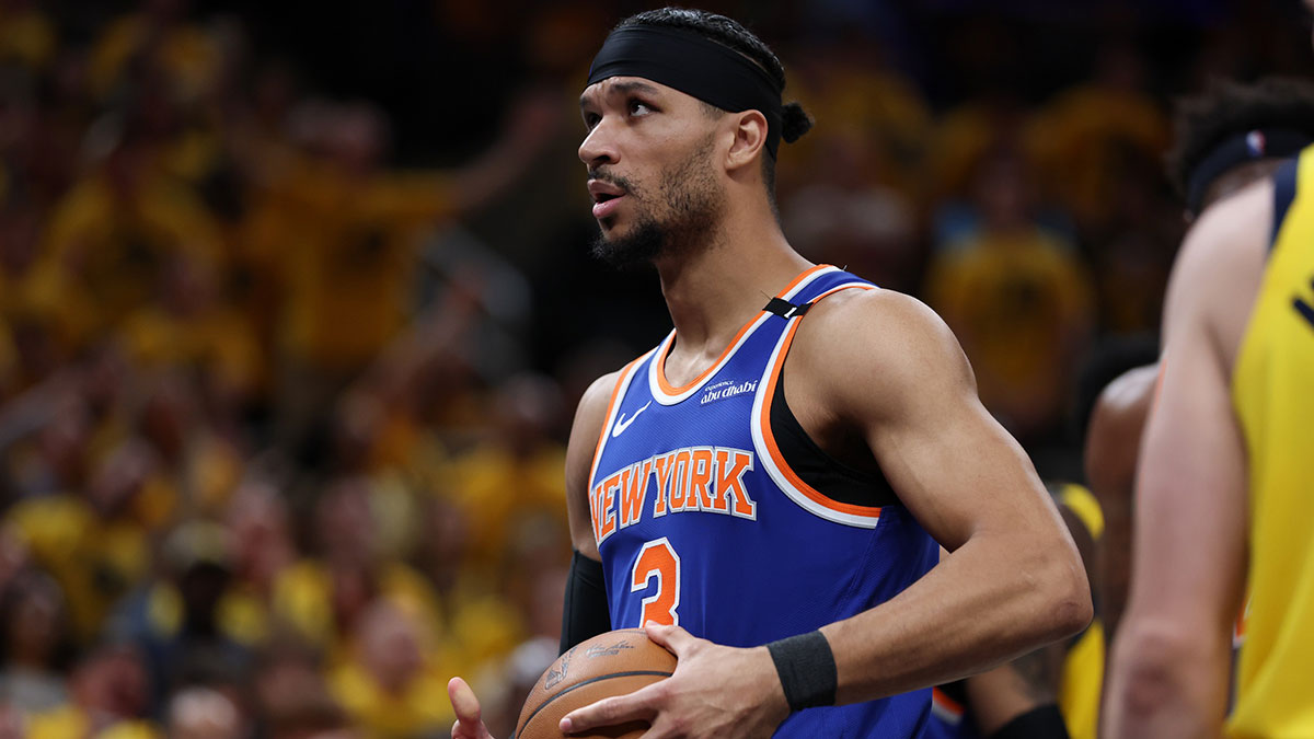 New York Knicks guard Josh Hart (3) reacts in the third quarter during game six of the eastern conference finals against the Indiana Pacers for the 2025 NBA Playoffs at Gainbridge Fieldhouse.