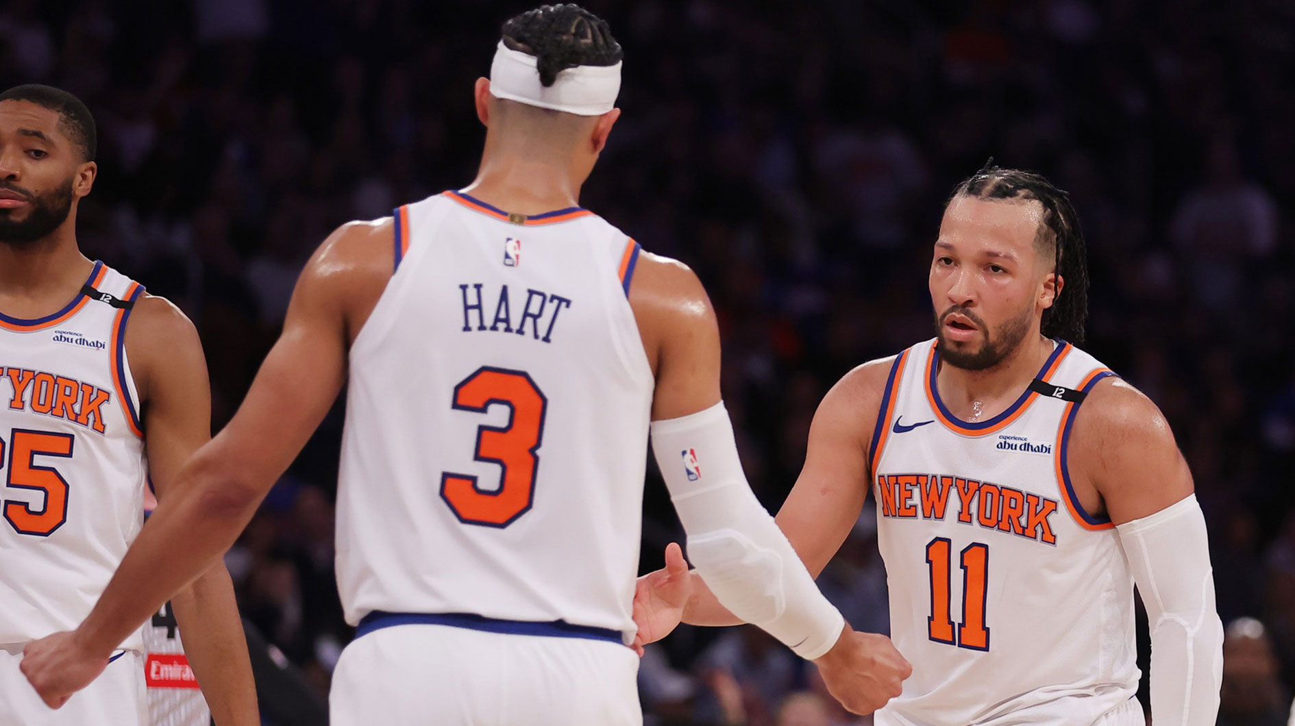 New York Knicks guard Jalen Brunson (11) and guard Josh Hart (3) react in the third quarter against the Indiana Pacers during game one of the eastern conference finals for the 2025 NBA Playoffs at Madison Square Garden.