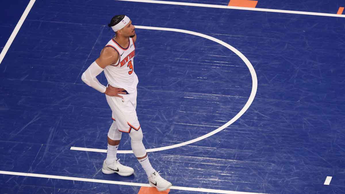 New York Knicks guard Josh Hart (3) looks on in the fourth quarter against the Indiana Pacers during game two of the eastern conference finals for the 2025 NBA Playoffs at Madison Square Garden.
