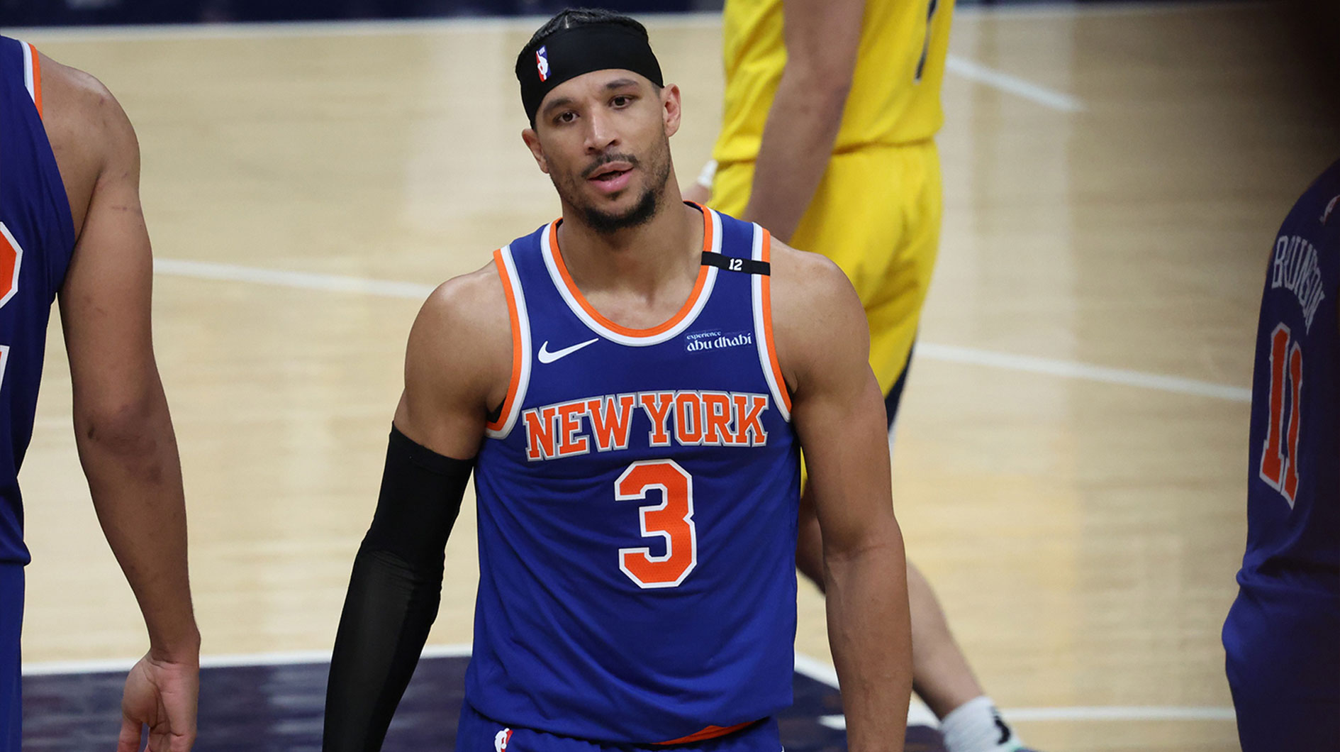New York Knicks guard Josh Hart (3) walks off court after fouling out during the fourth quarter against the Indiana Pacers in game four of the eastern conference finals for the 2025 NBA Playoffs at Gainbridge Fieldhouse.