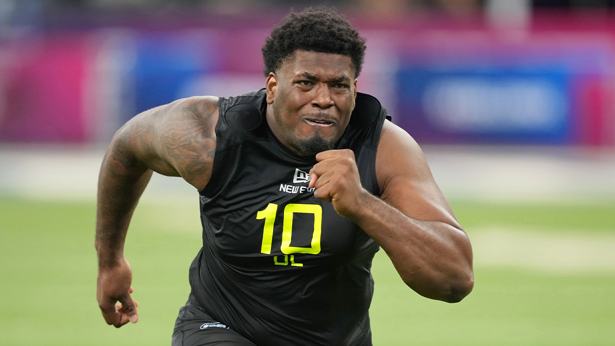 Florida State defensive lineman Joshua Farmer (DL10) participates in drills during the 2025 NFL Combine at Lucas Oil Stadium.