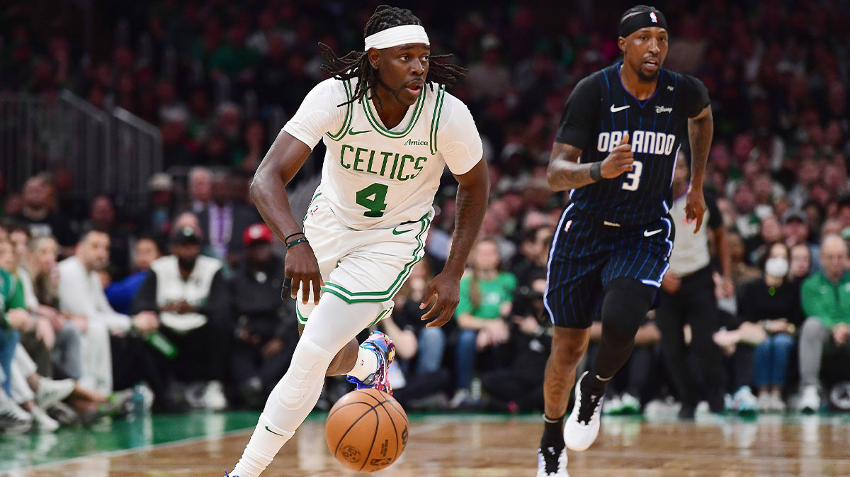 Boston Celtics guard Jaylen Brown (7) drivers the ball to the basket against the Orlando Magic in the third quarter during game five of first round for the 2025 NBA Playoffs at TD Garden. 