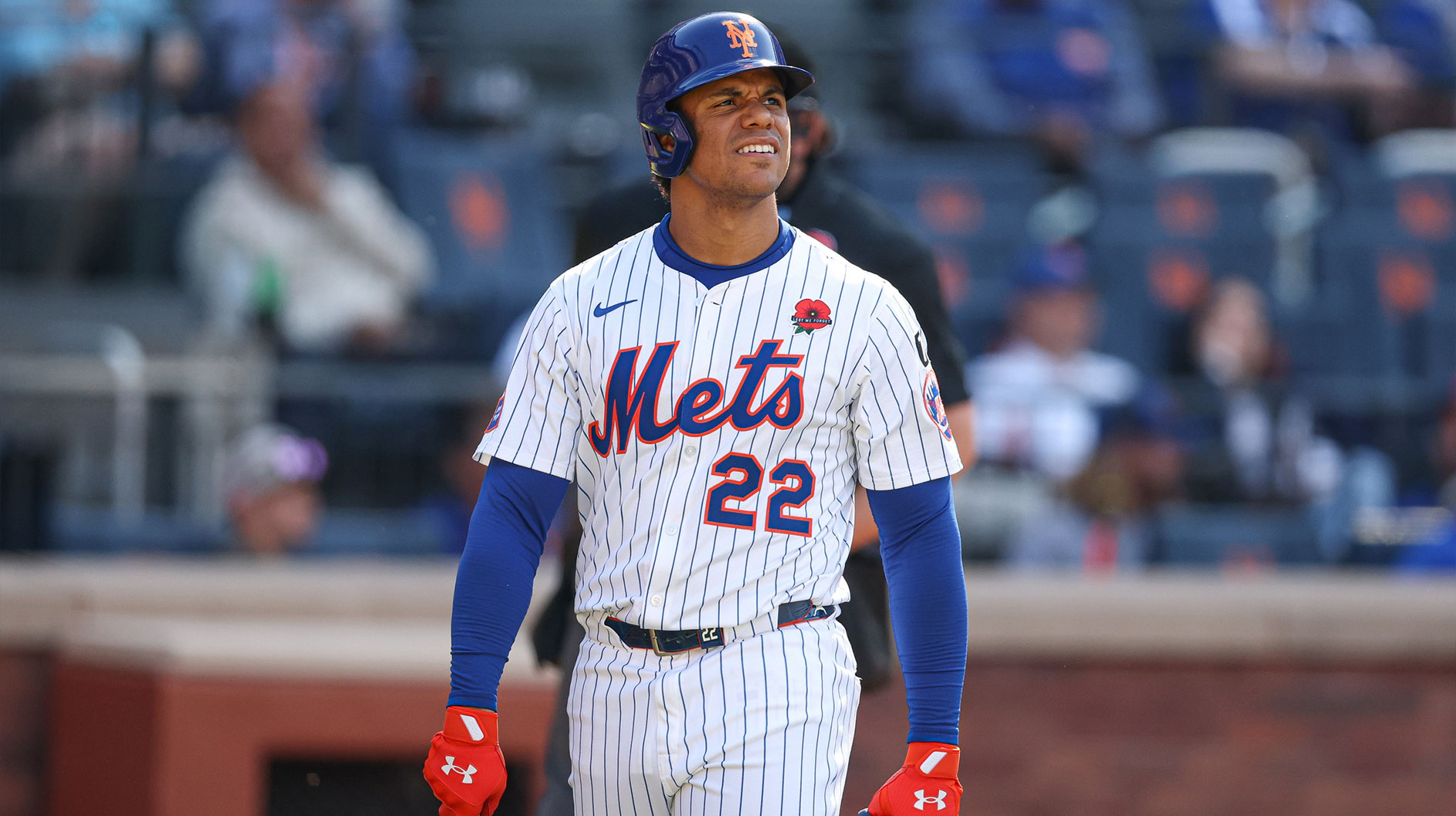 May 26, 2025; New York City, New York, USA; New York Mets right fielder Juan Soto (22) reacts after striking out during the fourth inning against the Chicago White Sox at Citi Field. Mandatory Credit: Vincent Carchietta-Imagn Images