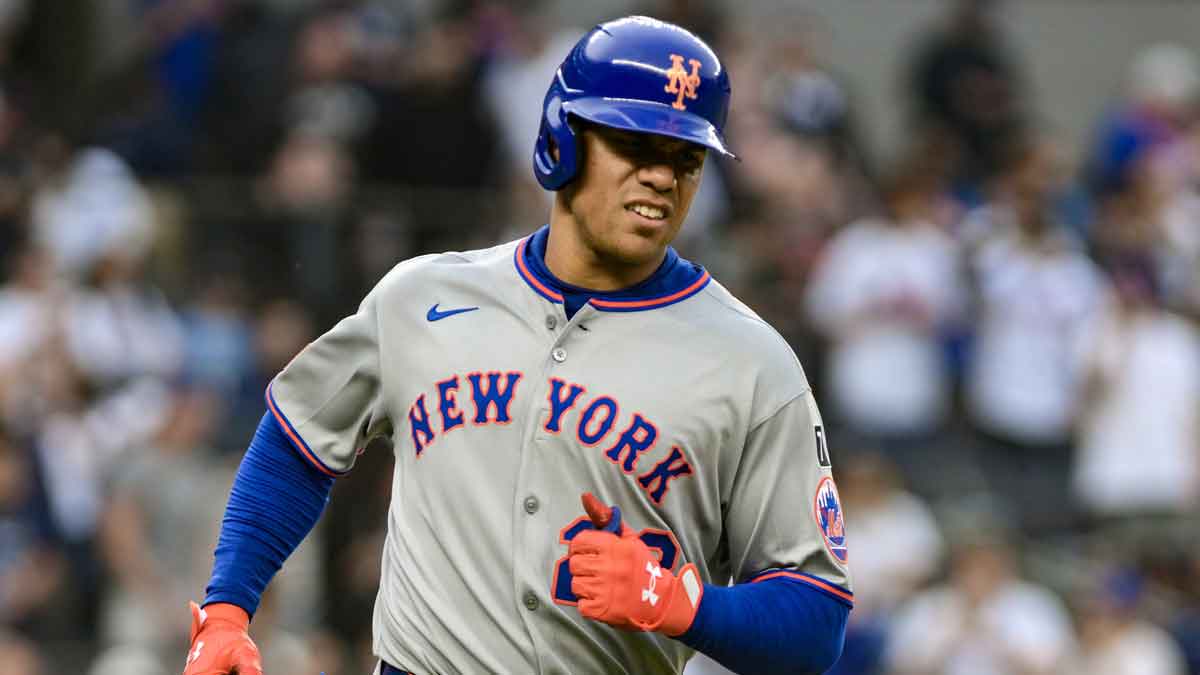 May 16, 2025; Bronx, New York, USA; New York Mets outfielder Juan Soto (22) heads to first base after a walk during the first inning against the New York Yankees at Yankee Stadium.