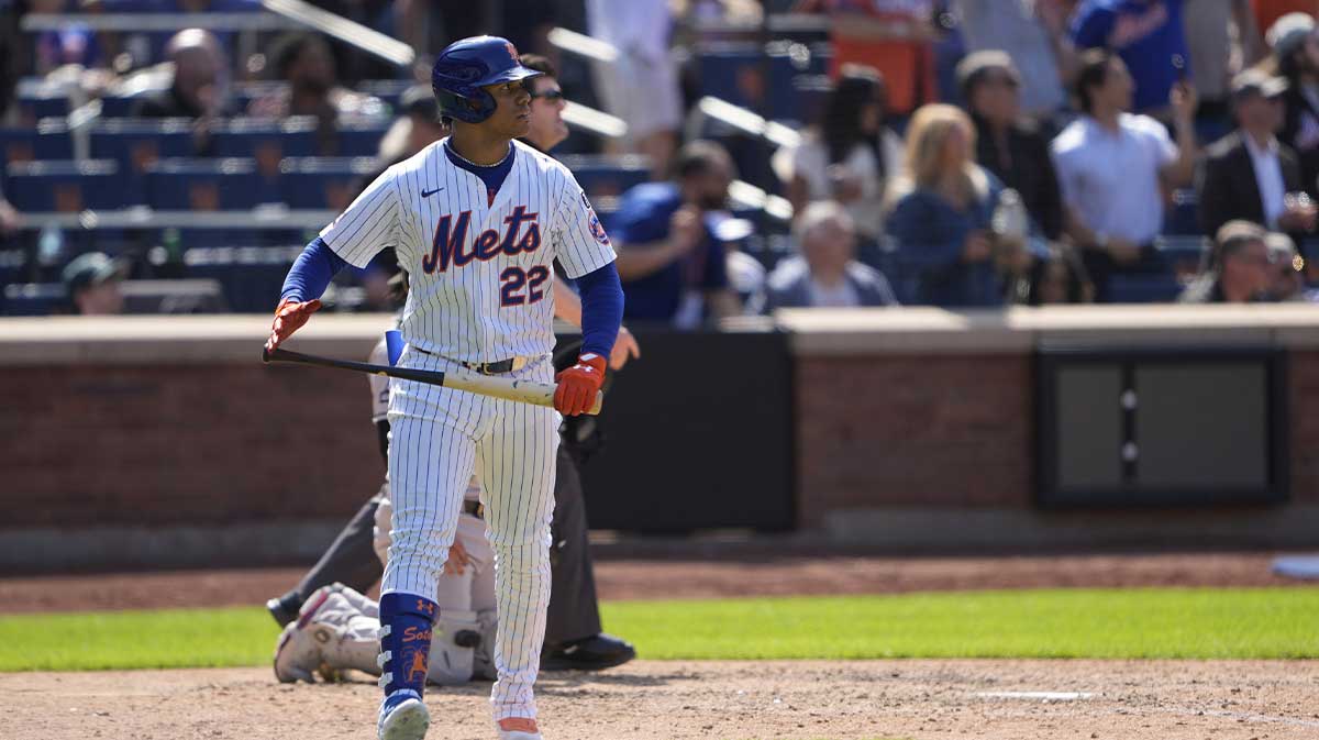 New York Mets right fielder Juan Soto (22) watches his second home run of the game against the Arizona Diamondbacks during the eighth inning at Citi Field.