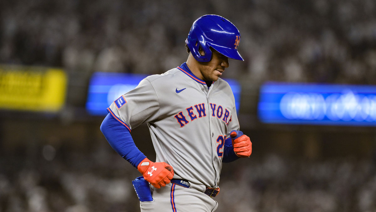 New York Mets outfielder Juan Soto (22) reacts after grounding out against the New York Yankees during the seventh inning at Yankee Stadium.