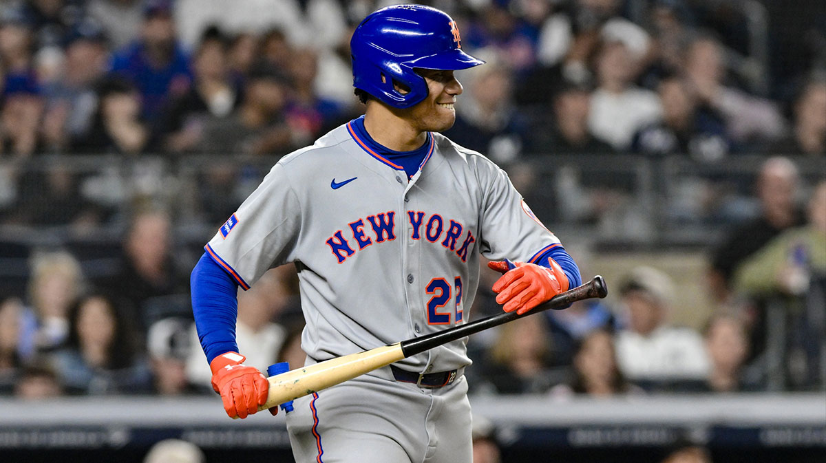New York Mets outfielder Juan Soto (22) reacts after a walk against the New York Yankees during the fifth inning at Yankee Stadium.