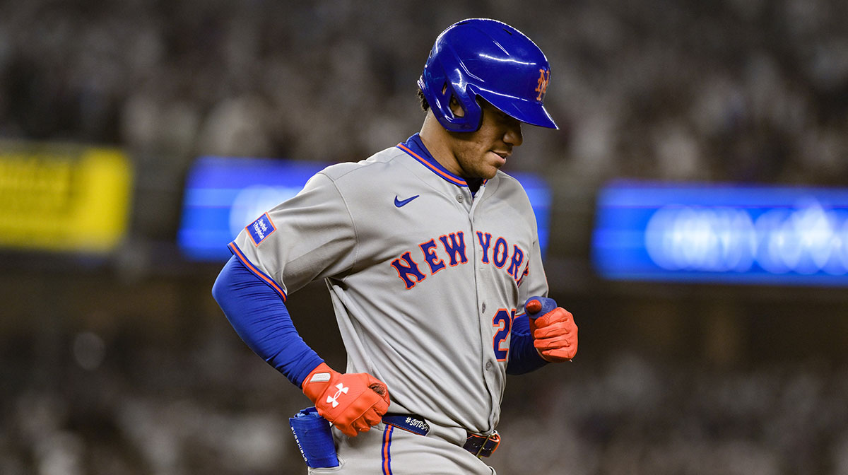 New York Mets outfielder Juan Soto (22) reacts after grounding out against the New York Yankees during the seventh inning at Yankee Stadium.
