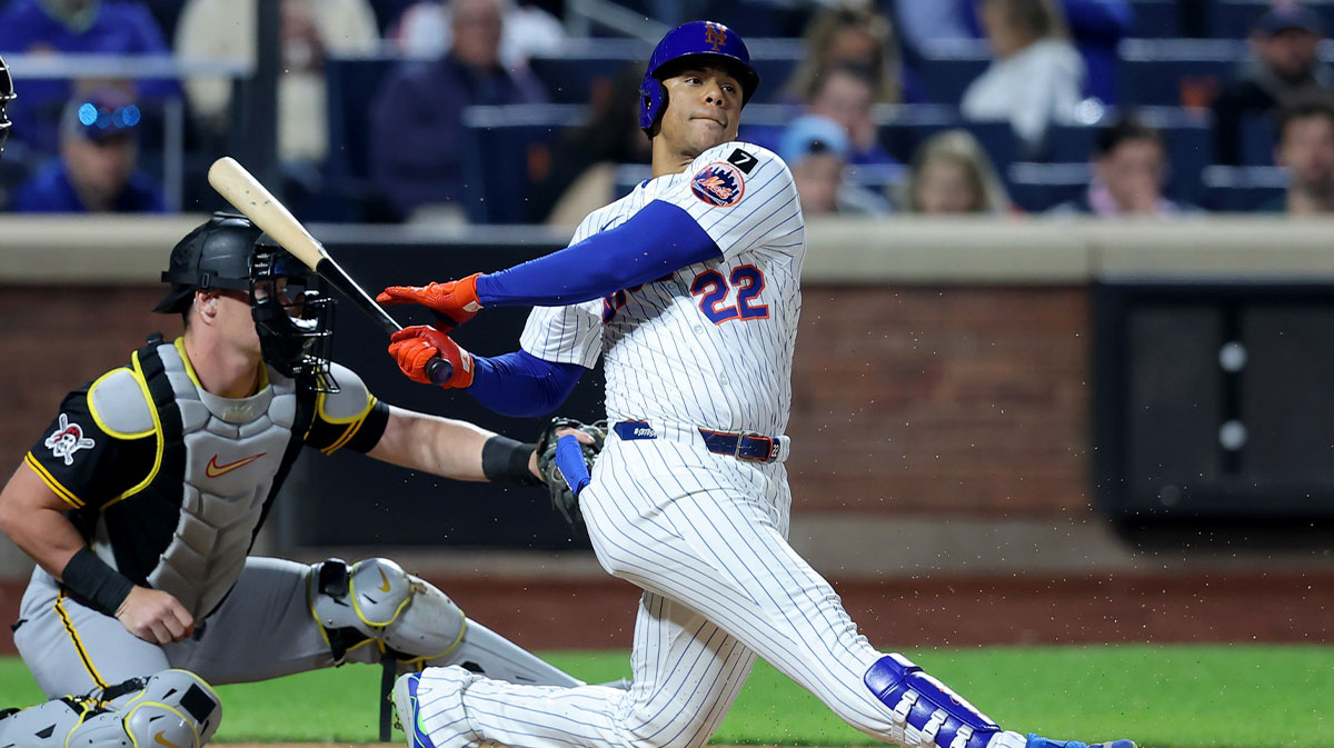 New York Mets right fielder Juan Soto (22) follows through on an RBI groundout during the seventh inning against the Pittsburgh Pirates at Citi Field.