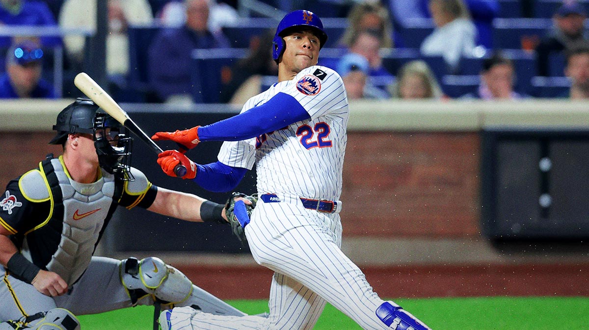 New York Mets right fielder Juan Soto (22) follows through on an RBI groundout during the seventh inning against the Pittsburgh Pirates at Citi Field.
