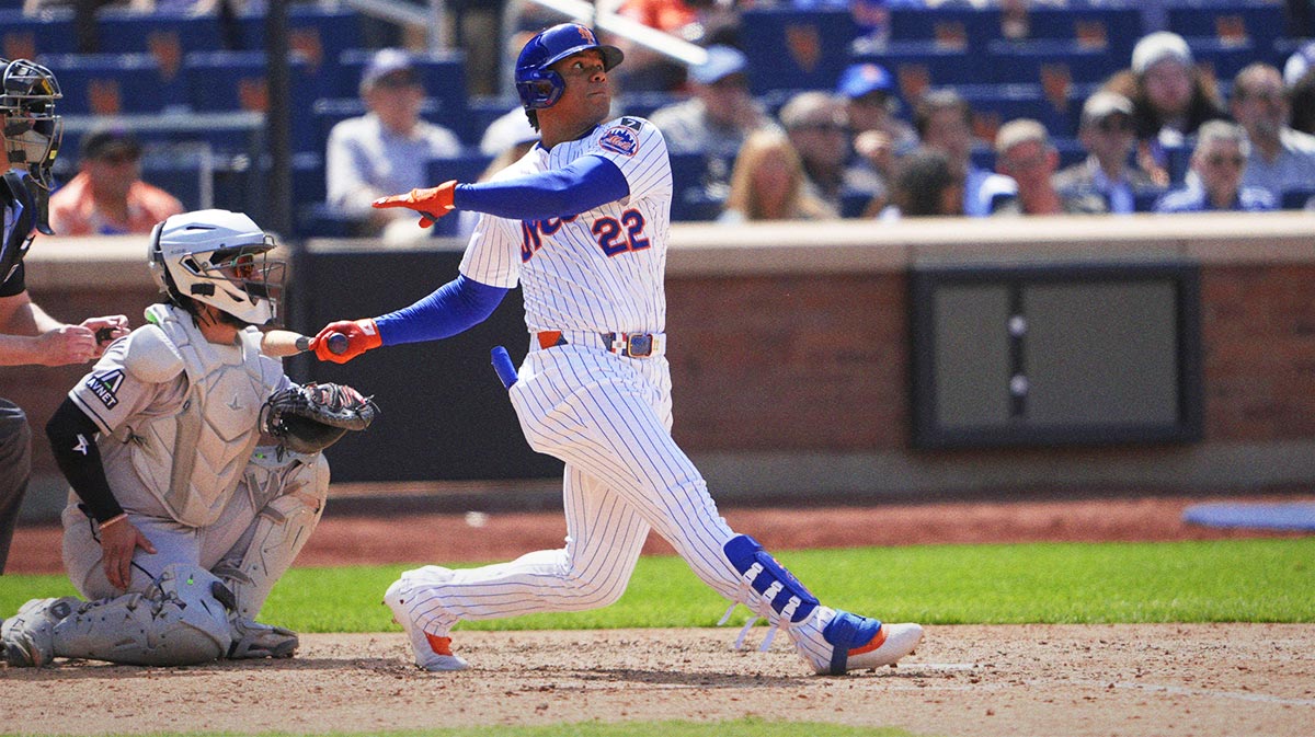 New York Mets right fielder Juan Soto (22) hits a home run against the Arizona Diamondbacks during the sixth inning at Citi Field.