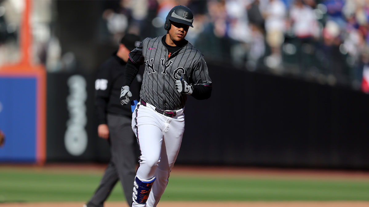 May 31, 2025; New York City, New York, USA; New York Mets right fielder Juan Soto (22) rounds the bases after hitting a solo home run against the Colorado Rockies during the fourth inning at Citi Field.