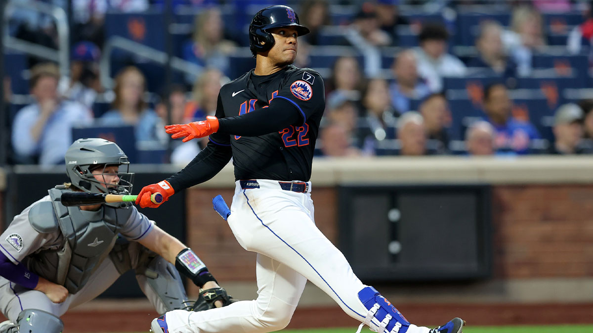 May 30, 2025; New York City, New York, USA; New York Mets right fielder Juan Soto (22) follows through on an RBI double against the Colorado Rockies during the third inning at Citi Field. Mandatory Credit: Brad Penner-Imagn Images