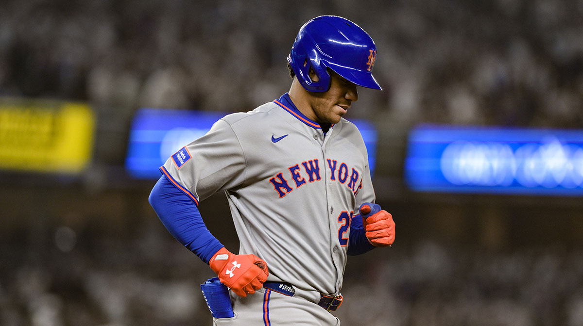 New York Mets outfielder Juan Soto (22) reacts after grounding out against the New York Yankees during the seventh inning at Yankee Stadium.