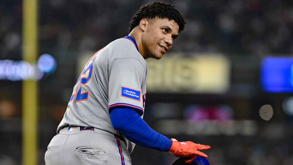 May 16, 2025; Bronx, New York, USA; New York Mets outfielder Juan Soto (22) reacts after walking for the third time in the game during the fifth inning against the New York Yankees at Yankee Stadium. Mandatory Credit: John Jones-Imagn Images