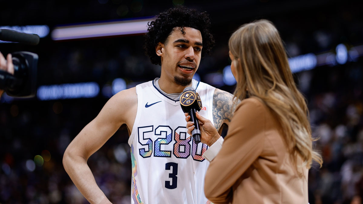 Denver Nuggets guard Julian Strawther (3) is interviewed after game six against the Oklahoma City Thunder of the second round for the 2025 NBA Playoffs at Ball Arena.