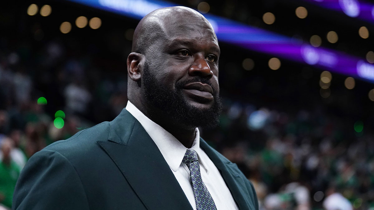 Shaquille O'Neal looks on before the game between the Boston Celtics and the Dallas Mavericks in game one of the 2024 NBA Finals at TD Garden.