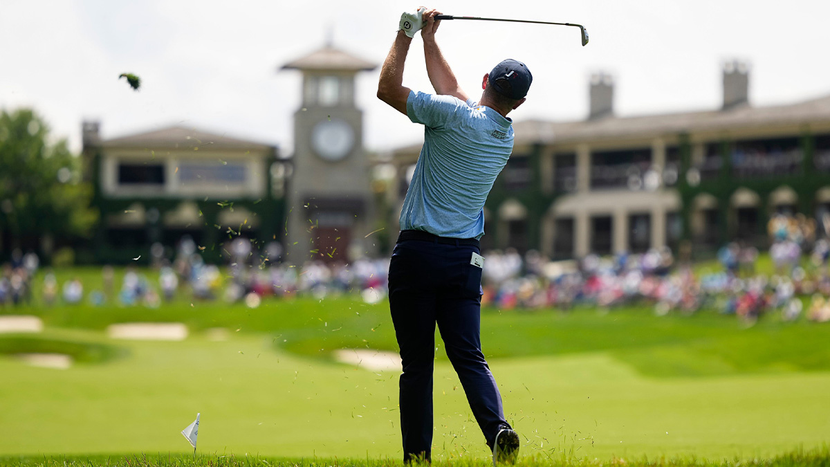 Justin Rose hits his second shot on 18 during the first round of the Memorial Tournament at Muirfield Village Golf Club in Dublin