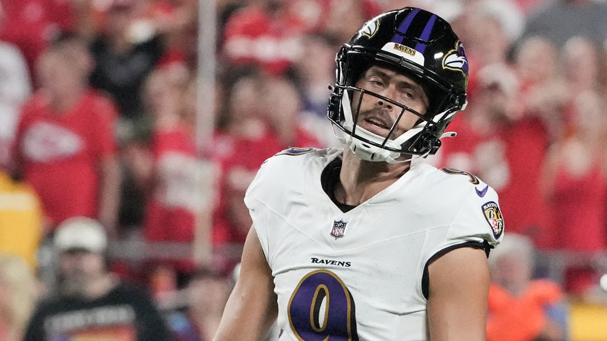 Sep 5, 2024; Kansas City, Missouri, USA; Baltimore Ravens kicker Justin Tucker (9) reacts after missing a field goal against the Kansas City Chiefs during the game at GEHA Field at Arrowhead Stadium. Mandatory Credit: Denny Medley-Imagn Images
