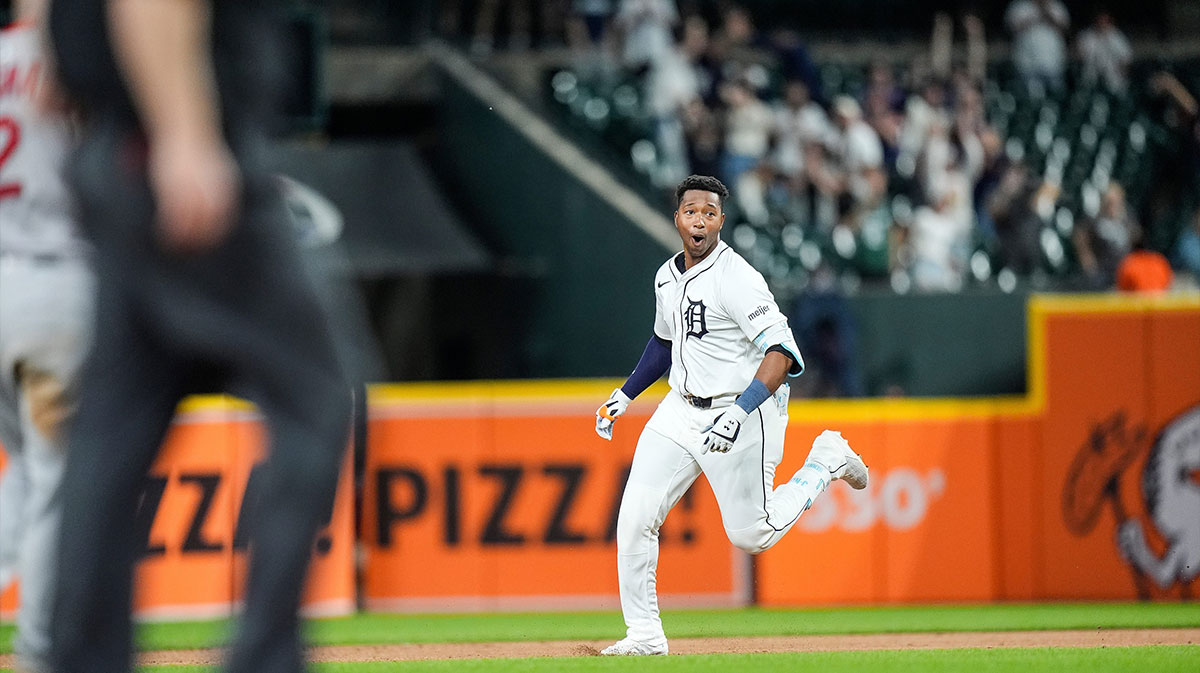Detroit Tigers outfielder Justyn-Henry Malloy (44) celebrates his walk-off single against Boston Red Sox during the ninth inning at Comerica Park
