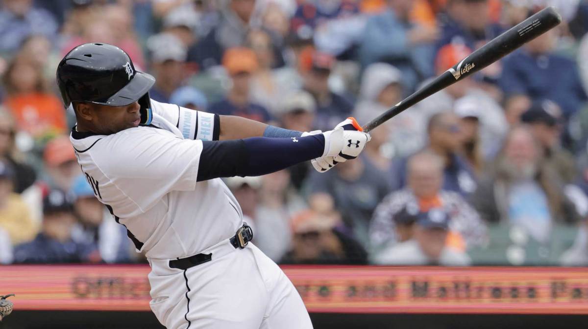 Detroit Tigers outfielder Justyn-Henry Malloy (44) hits a RBI single in the fifth inning against the San Francisco Giants at Comerica Park.