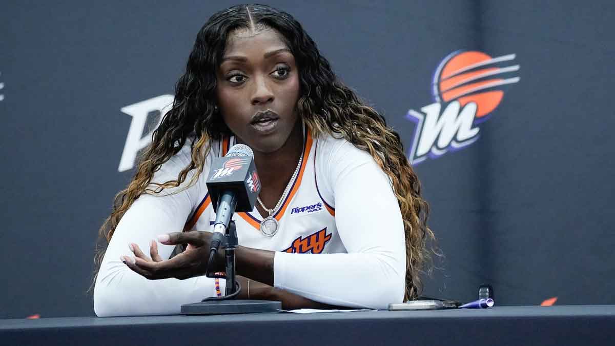 Kahleah Copper takes questions from reporters at Phoenix Mercury Media Day on April 30, 2025, in Phoenix.