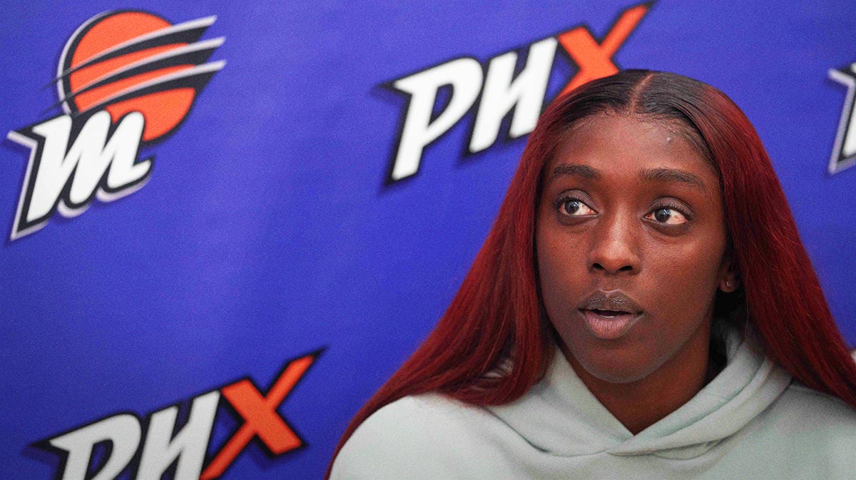 Kahleah Copper speaks to members of the media at Player 15 HQ in Phoenix on Sept. 26, 2024.
