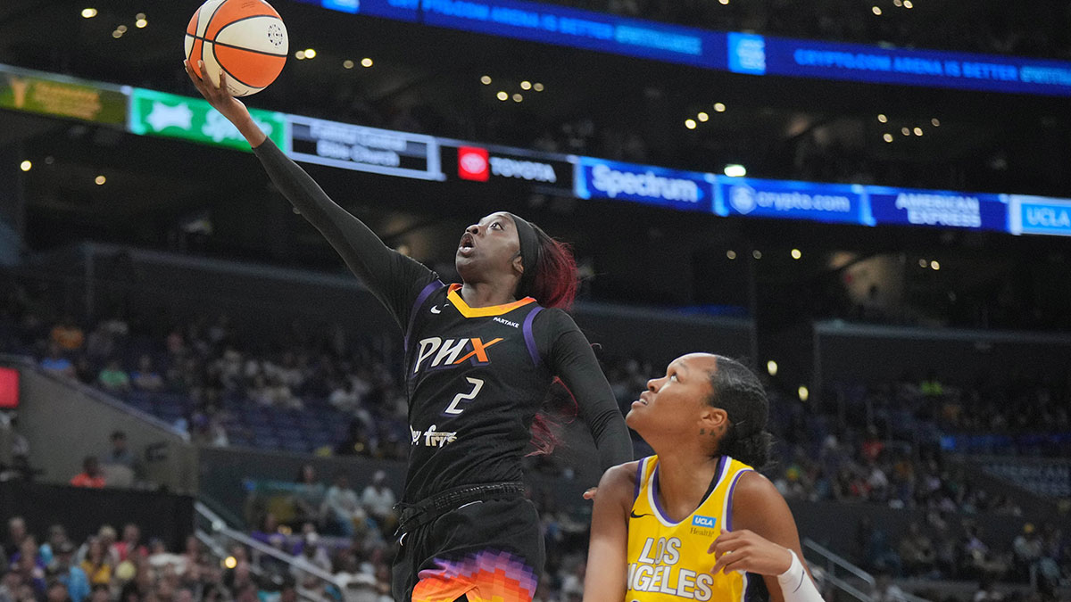 Phoenix Mercury guard Kahleah Copper (2) shoots the ball against LA Sparks forward Azura Stevens (23) in the first half at Crypto.com Arena.