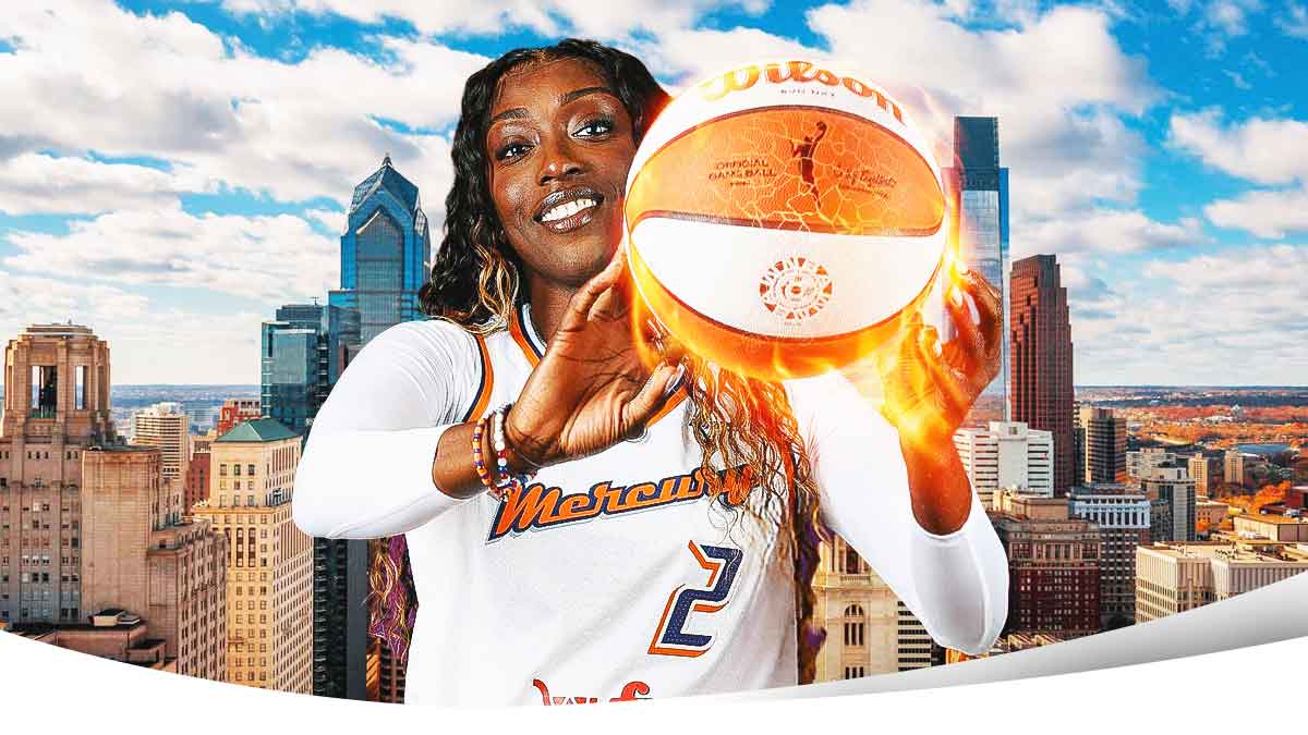 Kahleah Copper in a Mercury jersey shooting a ball of fire with the Philadelphia skyline in the background.