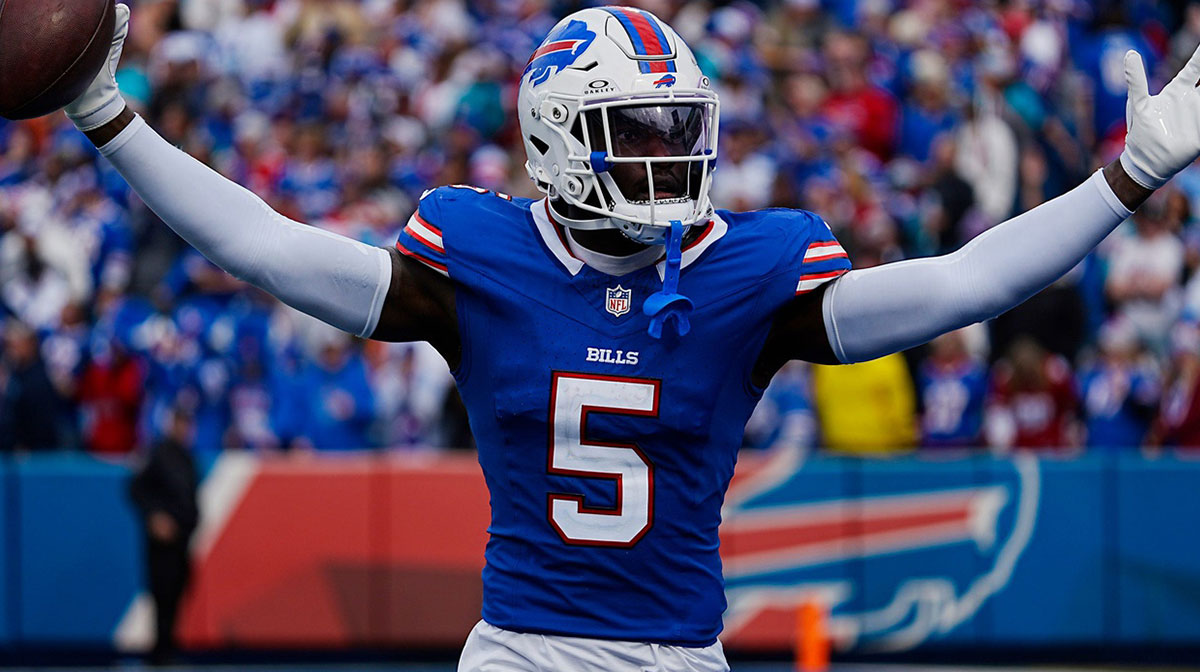 Bills Kaiir Elam celebrates his fumble recovery against Miami during second half action at Highmark Stadium on Nov. 3, 2024.