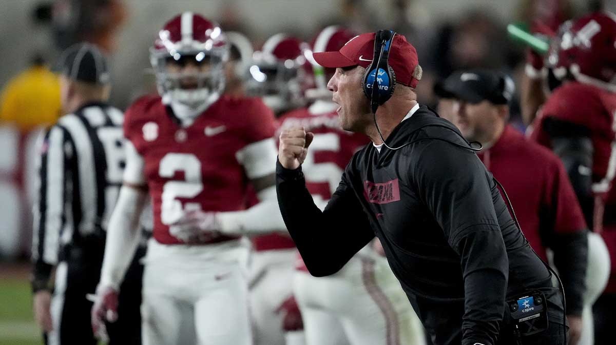 Alabama Crimson Tide head coach Kalen DeBoer is upset with officials after a Tide player was called for a personal foul during the second half against the Autumn Tigers at Bryant-Denny Stadium. Alabama won 28-14.