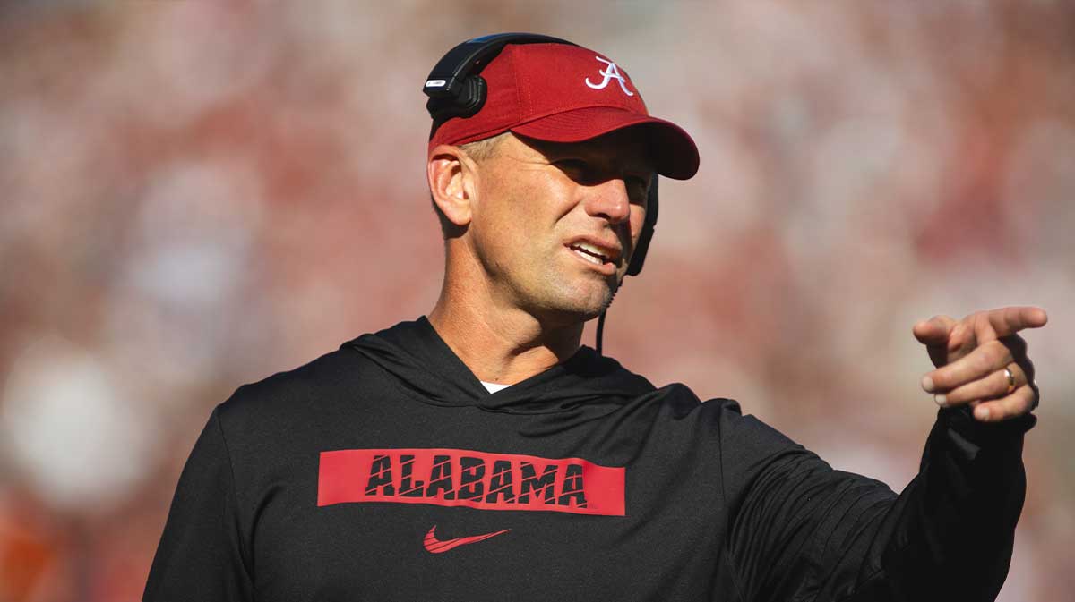 Alabama Crimson Tide head coach Kalen DeBoer gestures during a timeout in the first quarter at Bryant-Denny Stadium.