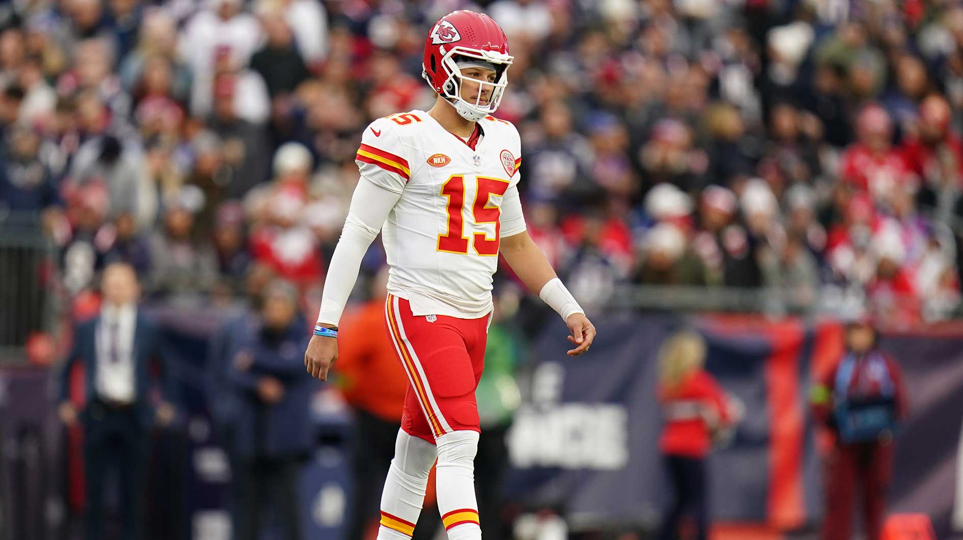 Kansas City Chiefs quarterback Patrick Mahomes (15) on the field against the New England Patriots in the first quarter at Gillette Stadium.