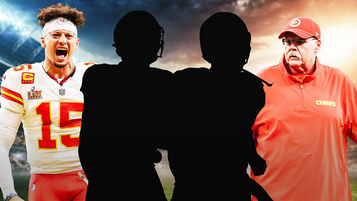 Two mystery players in the middle, Patrick Mahomes and coach Andy Reid around them, Kansas City Chiefs wallpaper in the background