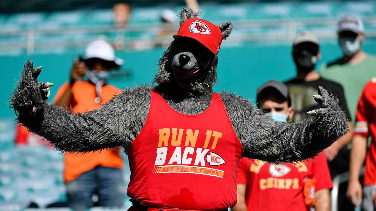 A Kansas City Chiefs fan dressed as a wolf poses for a photo while attending the game between the Miami Dolphins and the Kansas City Chiefs at Hard Rock Stadium.