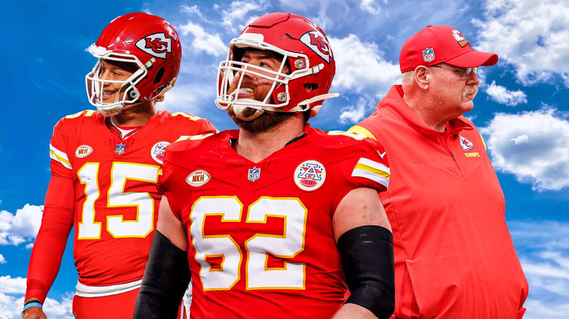 Joe Thuney in the middle, Patrick Mahomes and Coach Andy Reid around him, Dark Cloudy skies in the background