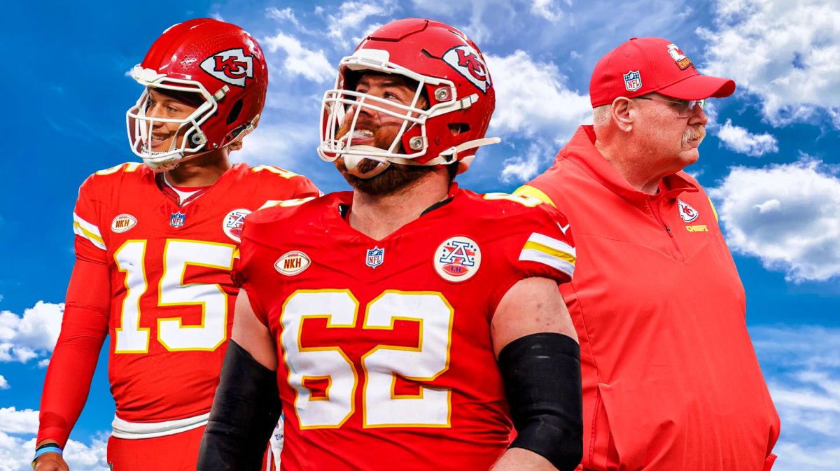 Joe Thuney in the middle, Patrick Mahomes and Coach Andy Reid around him, Dark Cloudy skies in the background