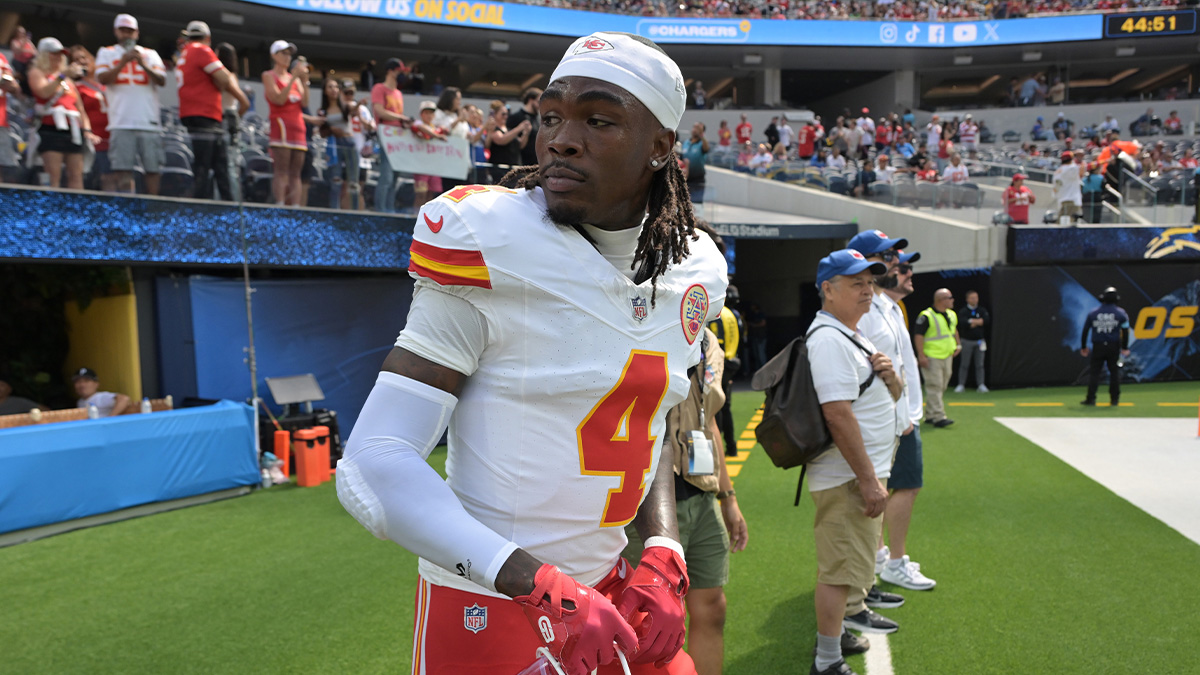Kansas City Chiefs wide receiver Rashee Rice (4) leaves the field following the game against the Los Angeles Chargers at SoFi Stadium.