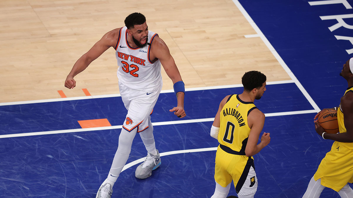 New York Knicks center Karl-Anthony Towns (32) reacts in the second quarter against the Indiana Pacers.