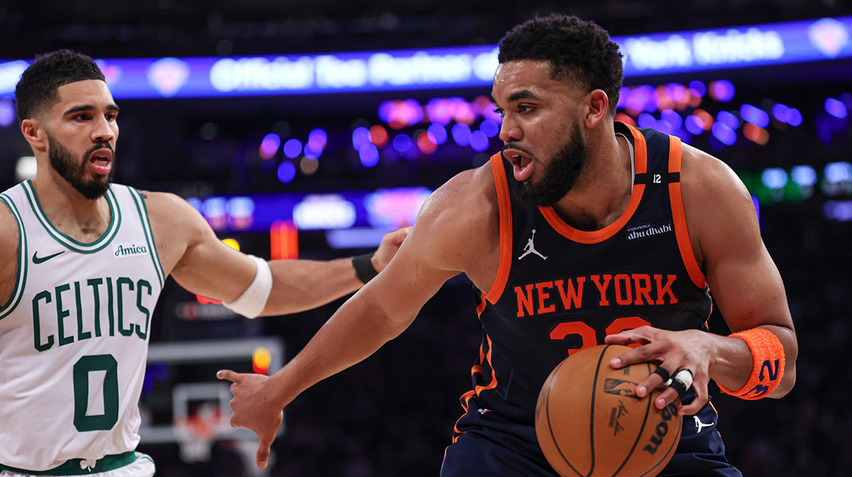 New York Knicks center Karl-Anthony Towns (32) is guarded by Boston Celtics forward Jayson Tatum (0) in the first half during game four of the second round for the 2025 NBA Playoffs at Madison Square Garden.
