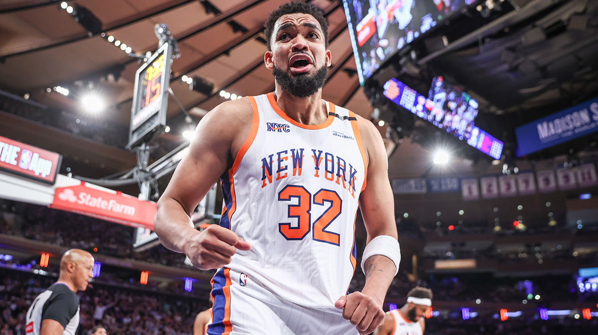 New York Knicks center Karl-Anthony Towns (32) reacts after being called for a foul in the fourth quarter against the Detroit Pistons during game five of first round for the 2025 NBA Playoffs at Madison Square Garden.