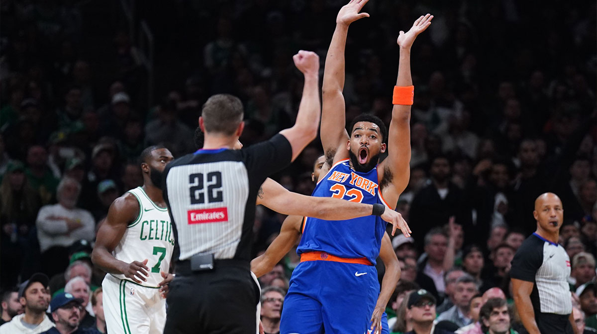 Knicks star Karl-Anthony Towns, who donned a Met Gala-worthy jacket after the team's win, after being called for a foul in Game 1 against the Celtics.